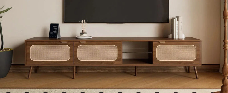 TV Stand Walnut Wood & Glass Storage Mid-Century Entertainment Console
