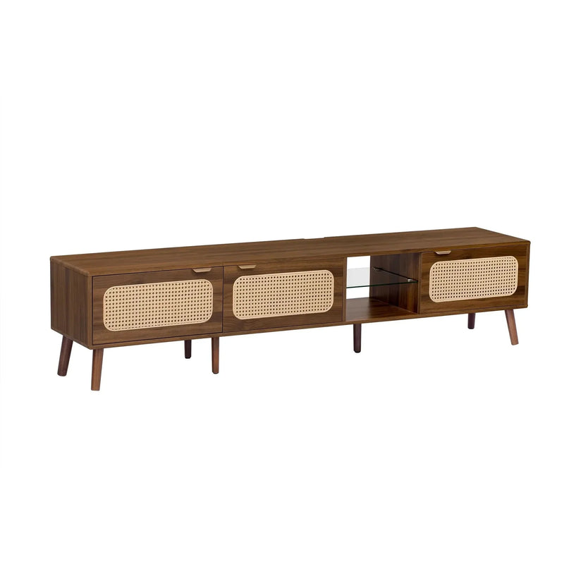 TV Stand Walnut Wood & Glass Storage Mid-Century Entertainment Console