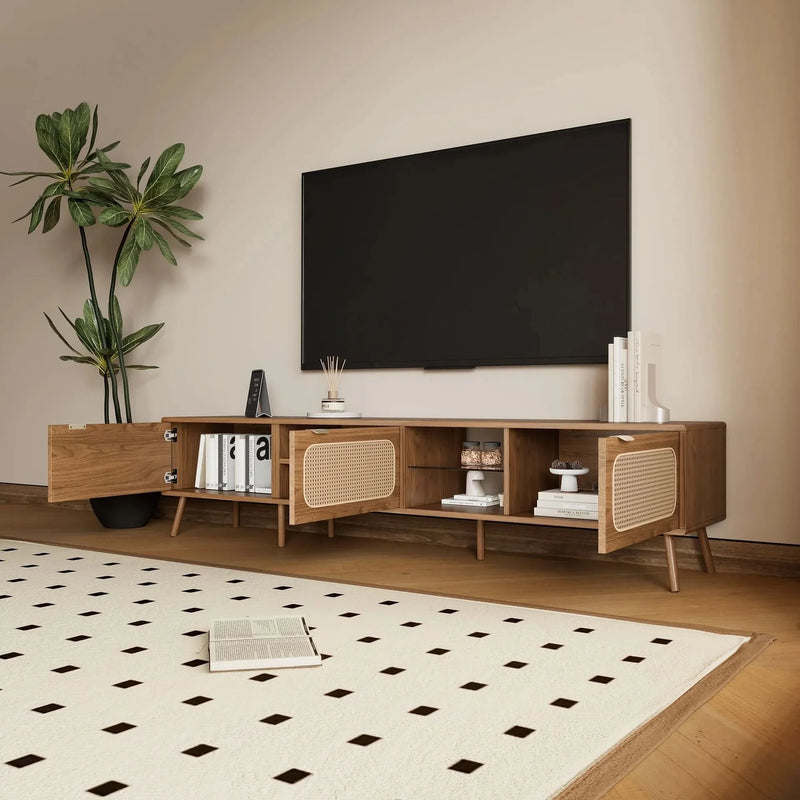 TV Stand Walnut Wood & Glass Storage Mid-Century Entertainment Console