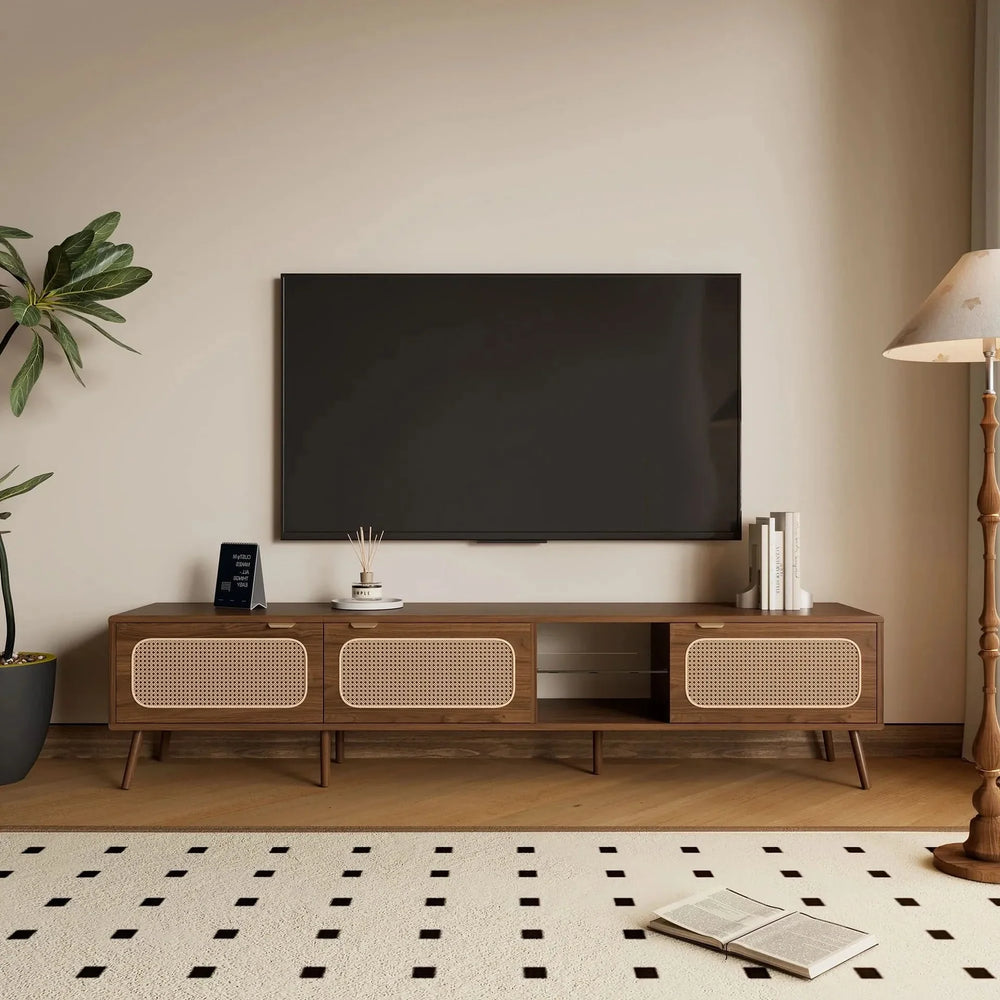 TV Stand Walnut Wood & Glass Storage Mid-Century Entertainment Console Media 1