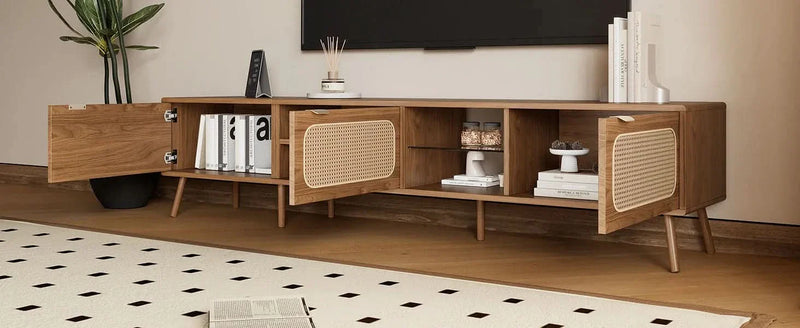 TV Stand Walnut Wood & Glass Storage Mid-Century Entertainment Console