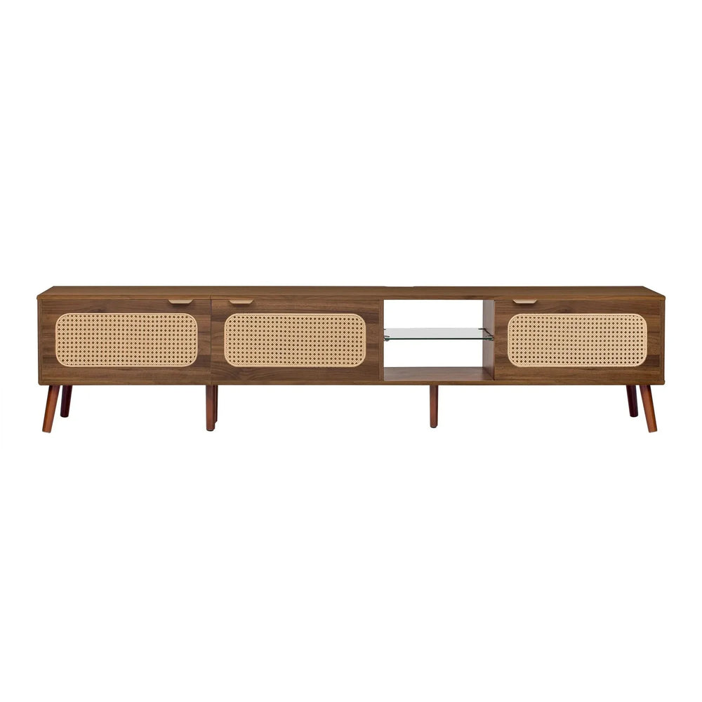 TV Stand Walnut Wood & Glass Storage Mid-Century Entertainment Console Media 10