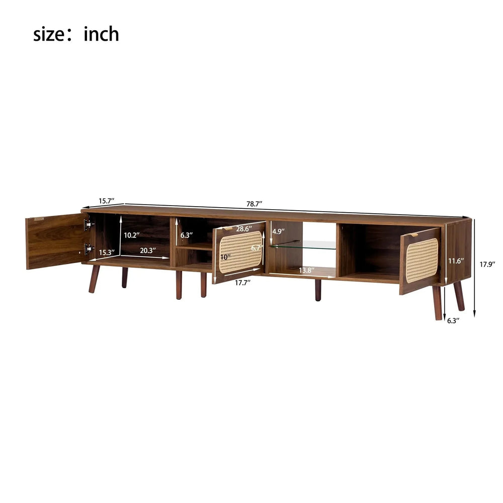 TV Stand Walnut Wood & Glass Storage Mid-Century Entertainment Console Media 9