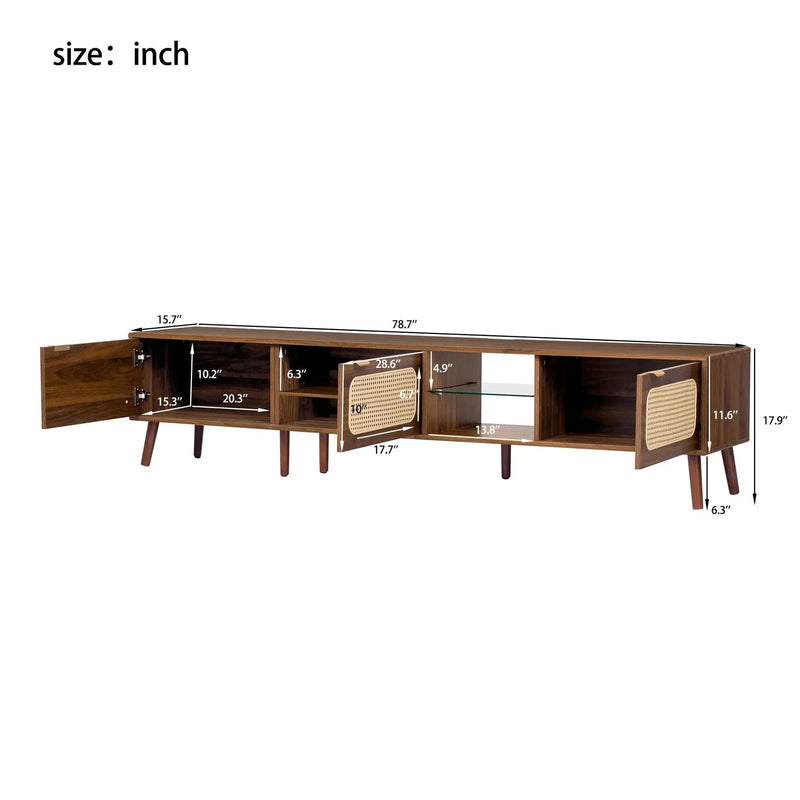 TV Stand Walnut Wood & Glass Storage Mid-Century Entertainment Console