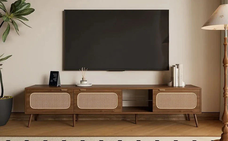 TV Stand Walnut Wood & Glass Storage Mid-Century Entertainment Console