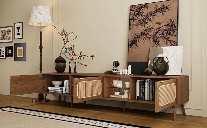 TV Stand Walnut Wood & Glass Storage Mid-Century Entertainment Console