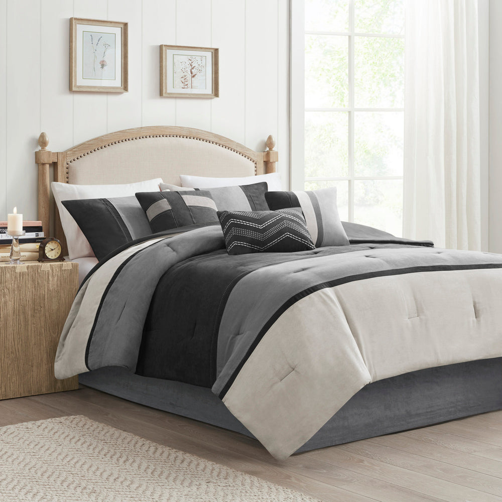 7 Piece Faux Suede Comforter Set Black Queen Media 1