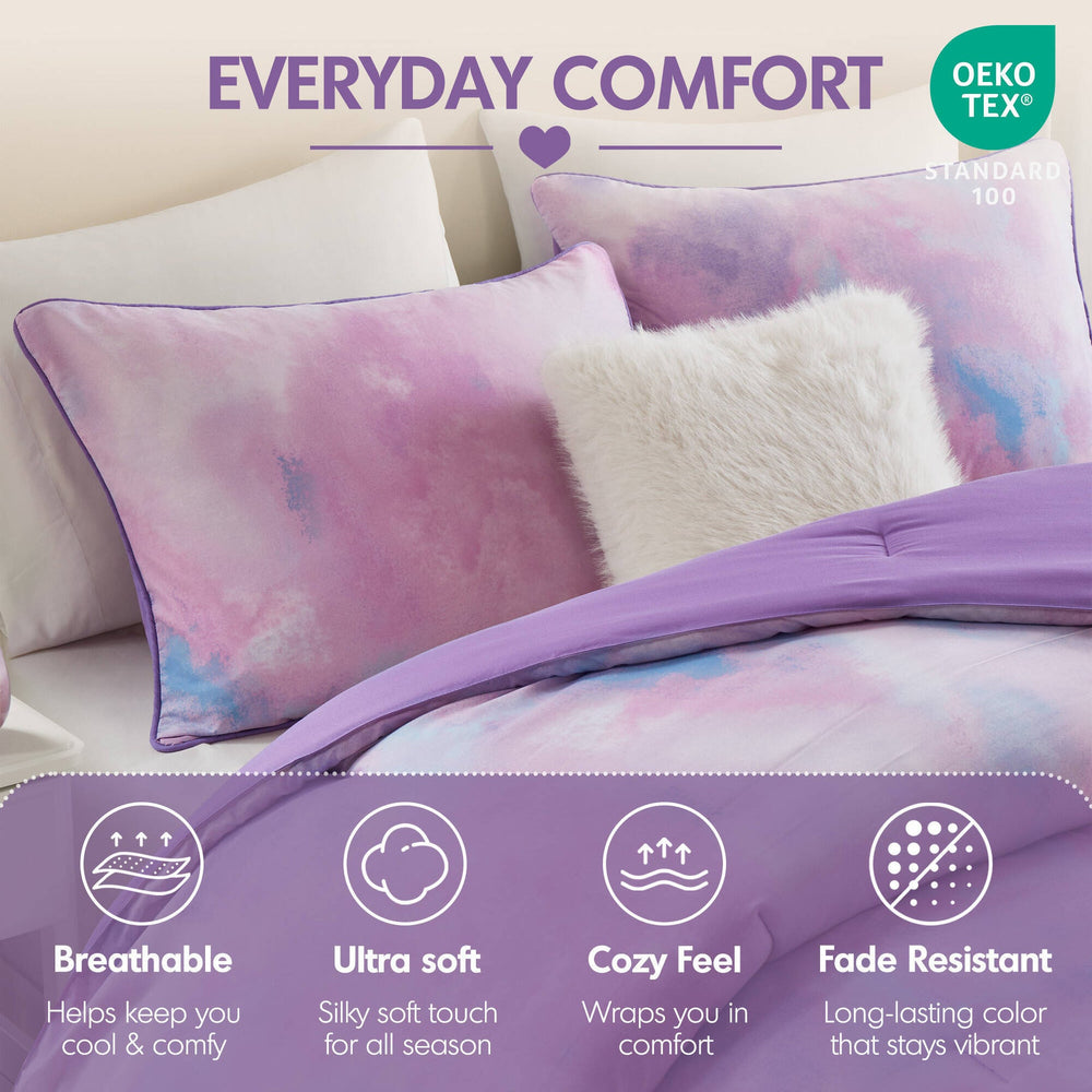 4 Pieces Full/Queen Watercolor Tie Dye Printed Comforter Set with Throw Pillow,Purple Media 11