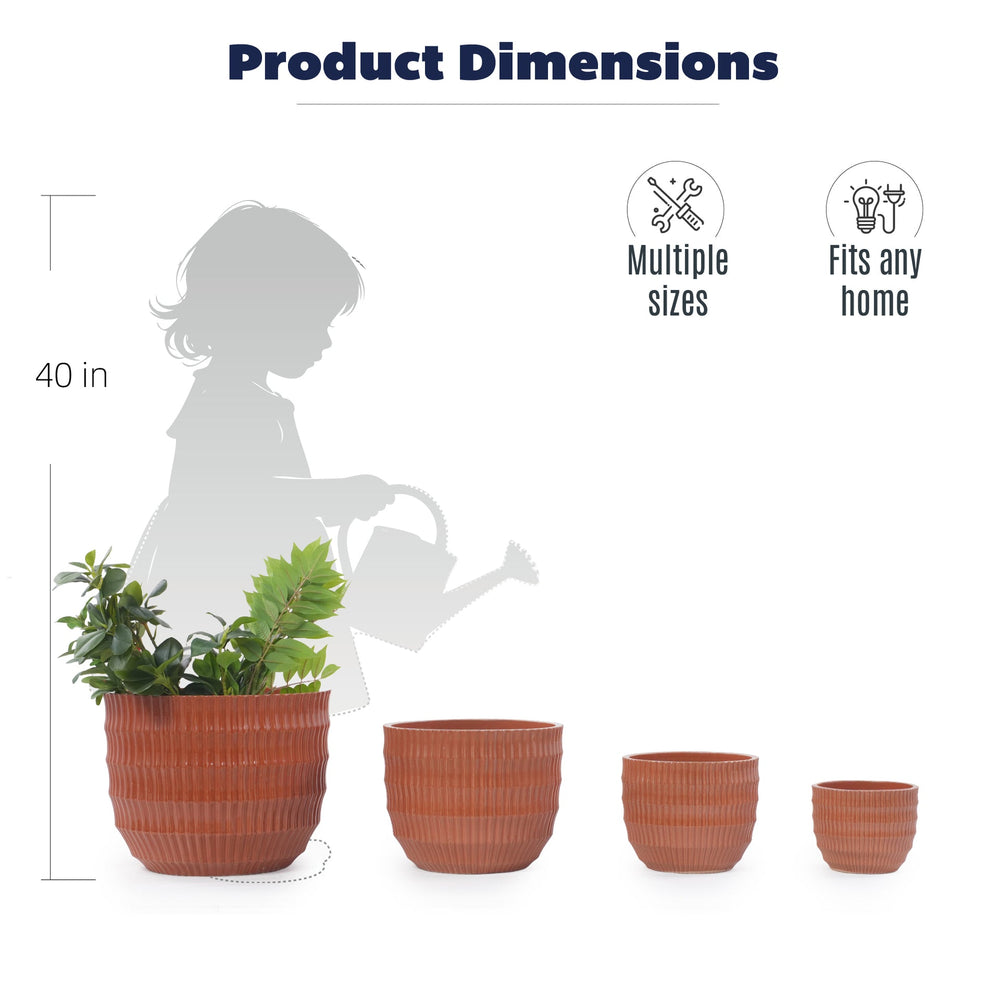 Handmade Brick Red Glaze Ceramic Planter Set of 4, 7/9/12/14 Inch, Horizontal Grooves, Indoor & Outdoor Herb Succulent Pots, Breathable Clay with Drainage Holes Media 6