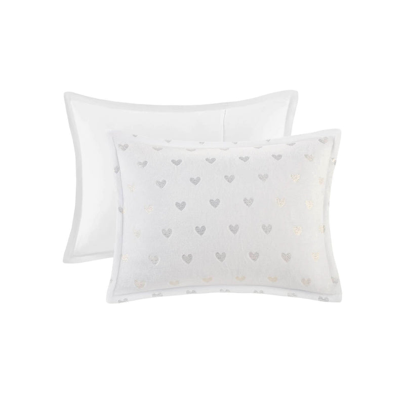 Plush Comforter Set White & Gold Heart Print 4 Piece Full Queen Bedding Includes Shams & Throw Pillow