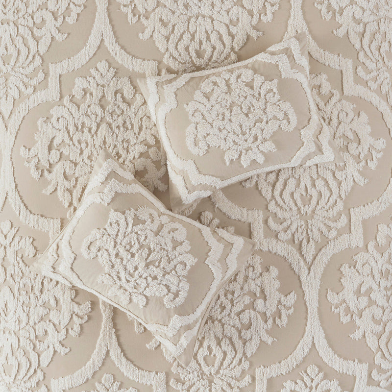 3 piece Tufted Cotton Chenille Damask Comforter Set Taupe Full/Queen