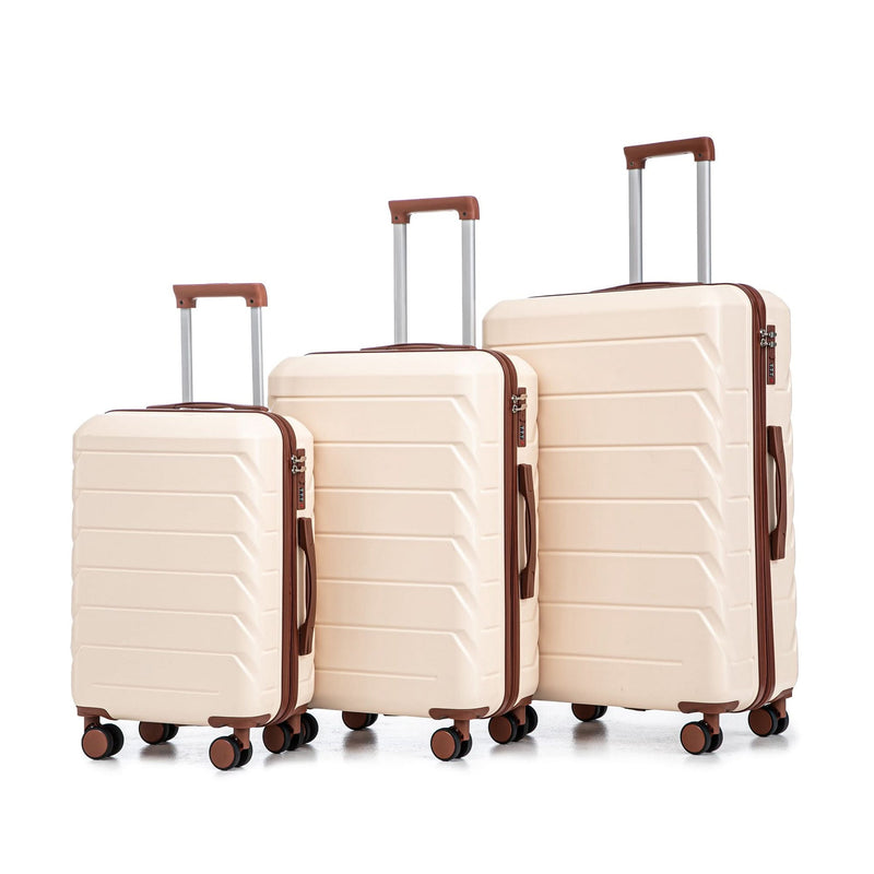 Abs Luggage Set 20 24 28 Inches 3 Piece Beige Durable Spinner Wheels & Combination Lock