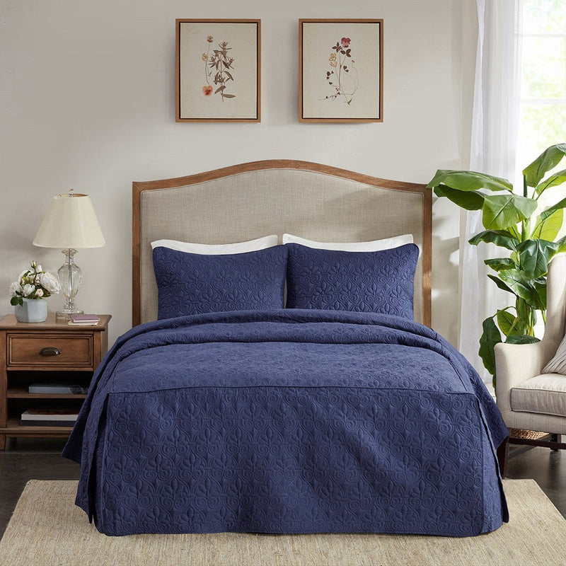 3 Piece Split Corner Pleated Quilted Bedspread Navy King