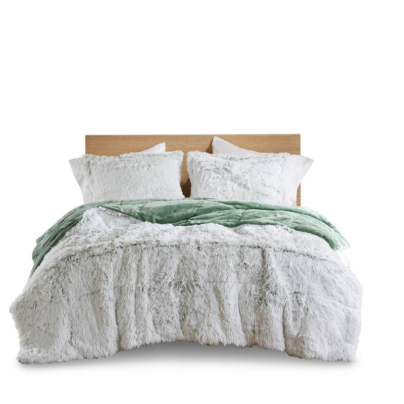 3 PCS King/Cal King Shaggy Faux Fur Comforter Mini Set Green/White
