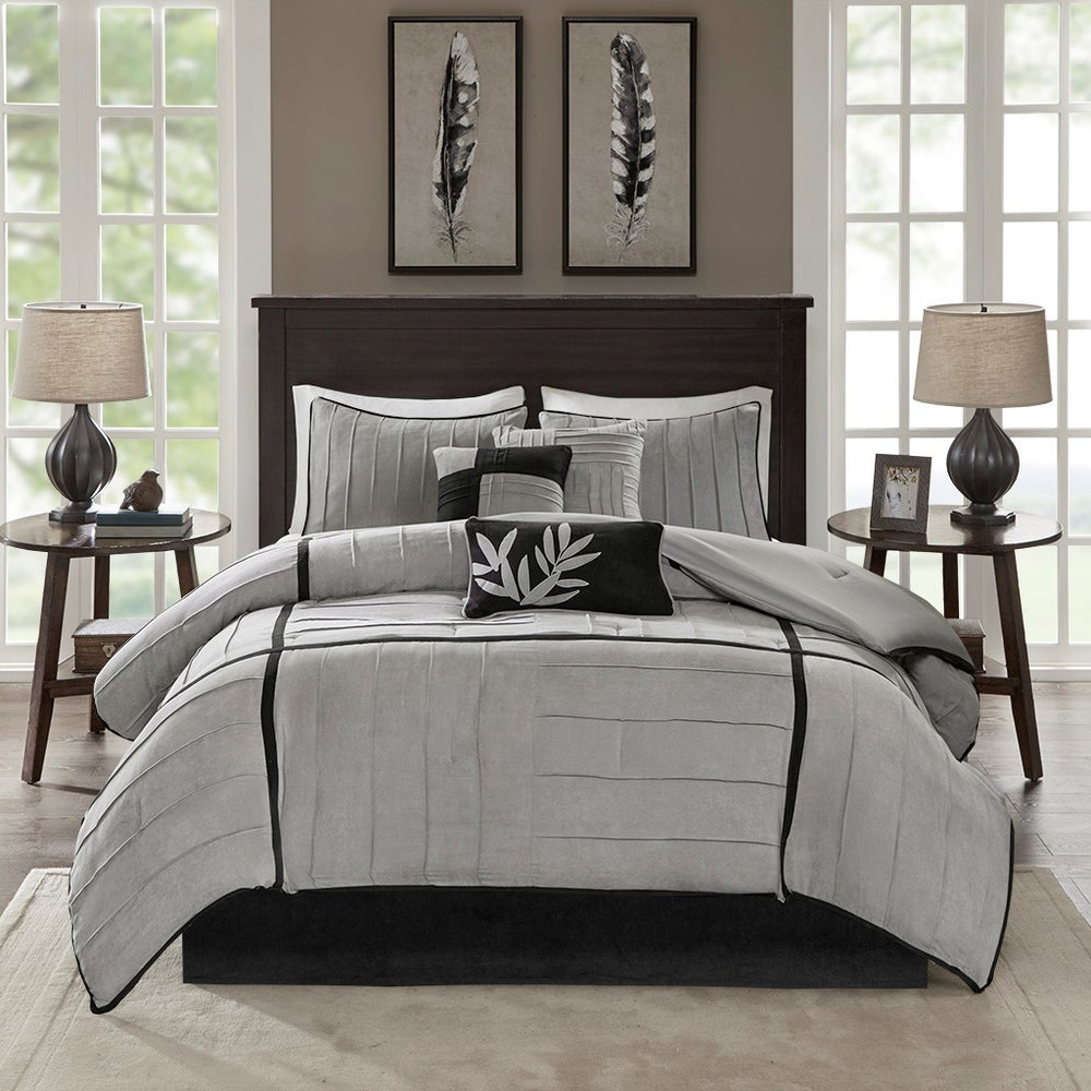 7 Piece Faux Suede Comforter Set Grey Full Media 2