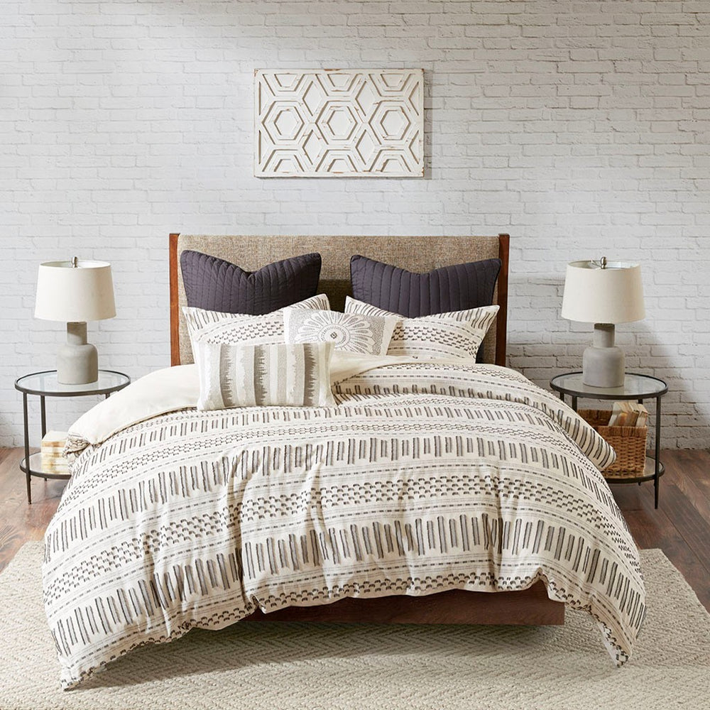 Cotton Jacquard Comforter Mini Set Ivory/Charcoal Full/Queen Media 6