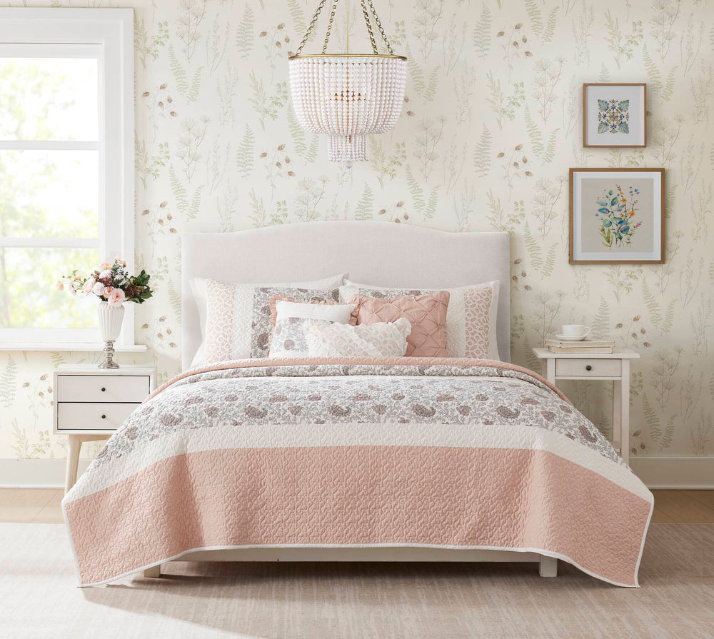 6 Piece Cotton Percale Quilt Set with Throw Pillows Blush Full/Queen Media 2