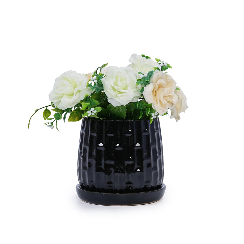 Handmade Ceramic Flower Pot with Groove Pattern, 6 & 8 Inch Diameter, Black Color for Orchids, Indoor/Outdoor Use on Windowsill & Bookshelf, Breathable Clay with Saucer