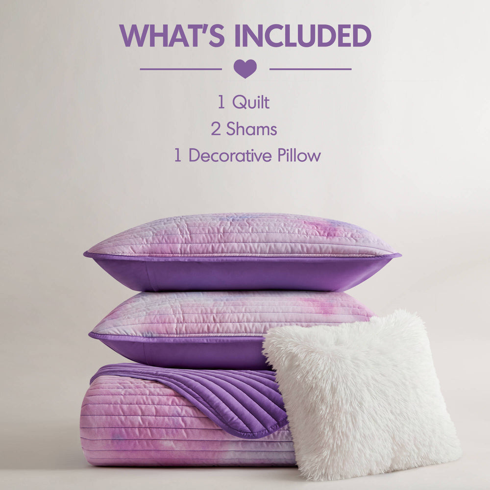 4 Pieces Full/Queen Watercolor Tie Dye Printed Quilt Set with Throw Pillow,Purple Media 10
