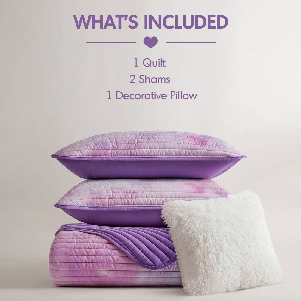 4 Pieces Full/Queen Watercolor Tie Dye Printed Quilt Set with Throw Pillow,Purple Media 10