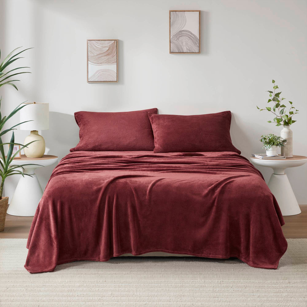4 PCS King Micro Plush Sheet Set Burgundy Media 18