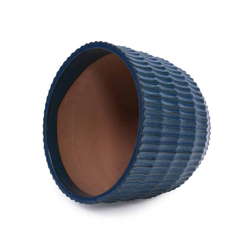 Handmade Denim Blue Glaze Ceramic Planter Set of 4, 7/9/12/14 Inch, Horizontal Grooves, Indoor & Outdoor Herb Succulent Pots, Breathable Clay with Drainage Holes