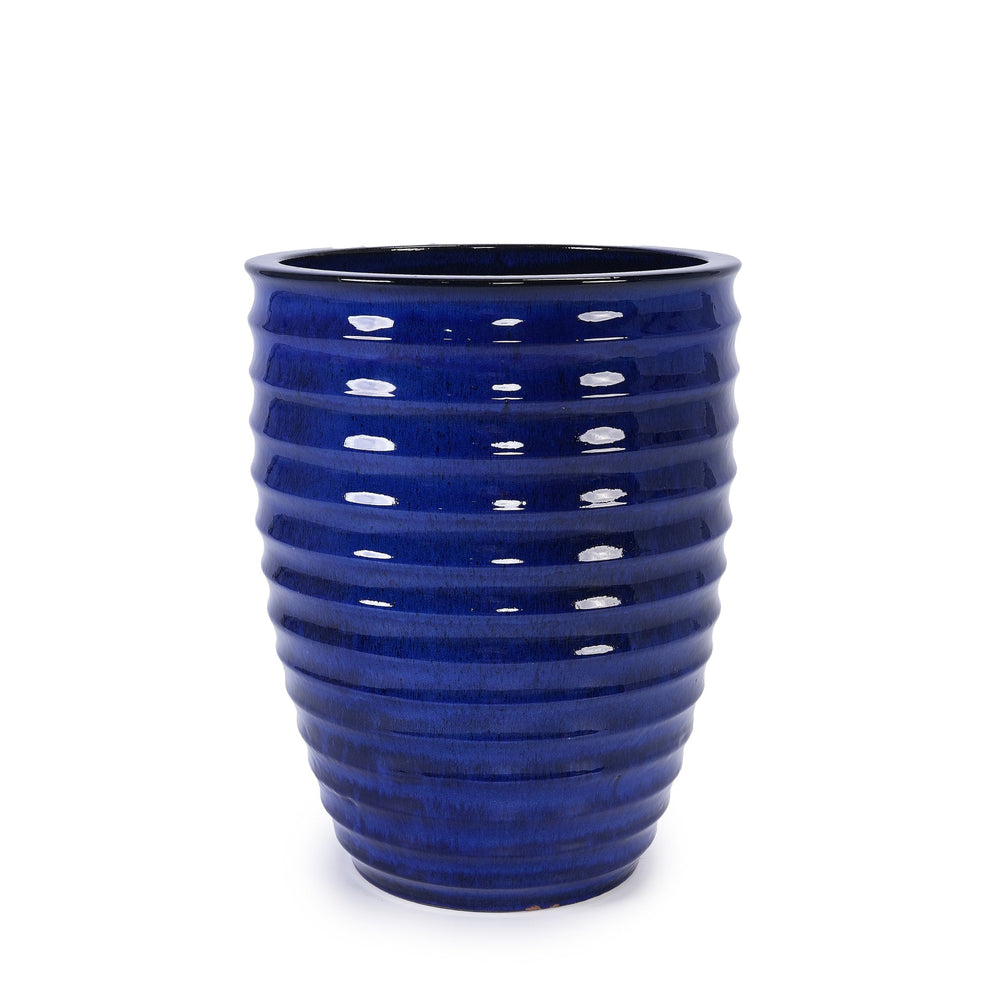 Handmade Sapphire Blue Ceramic Planter, 17 Inch Diameter, 1 Piece, Horizontal Ripples Pattern, for Monstera and Fiddle Leaf Fig, Indoor & Outdoor Doorway Use, Breathable Clay Media 4