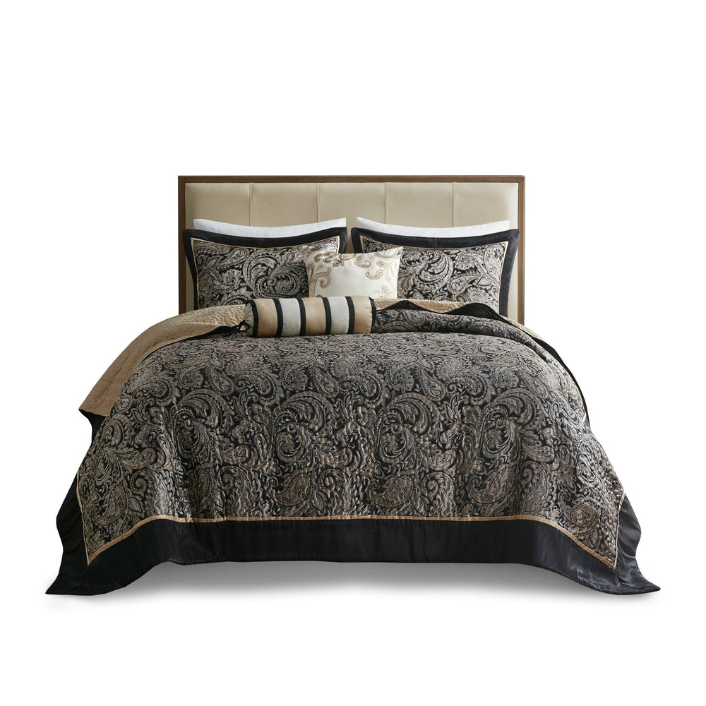 5 Piece Jacquard Bedspread Set with Throw Pillows Black King Media 11