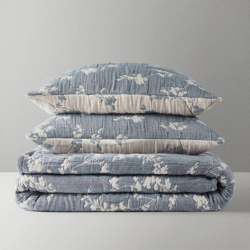 3 Pieces King Jacquard Cotton Gauze Quilt Set,Blue