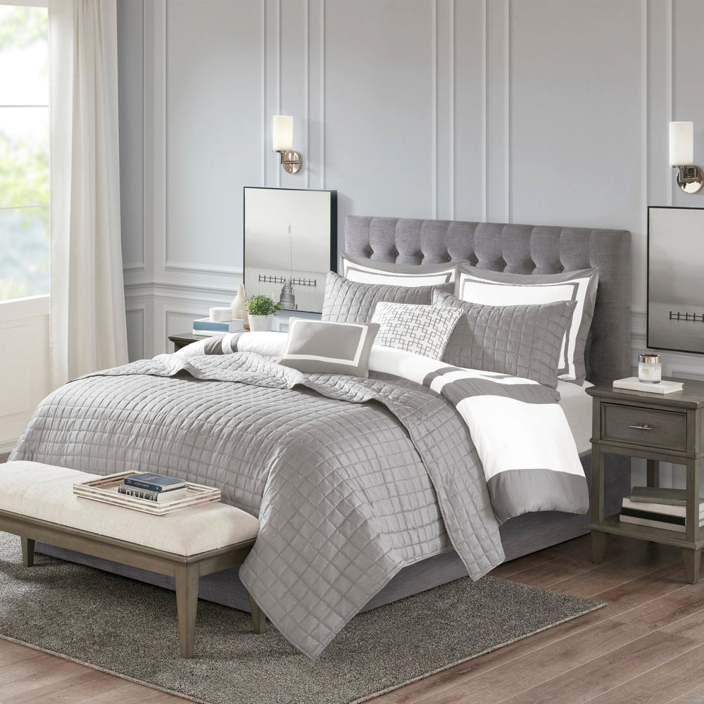 8 Piece Comforter and Quilt Set Collection Grey Full/Queen Media 4