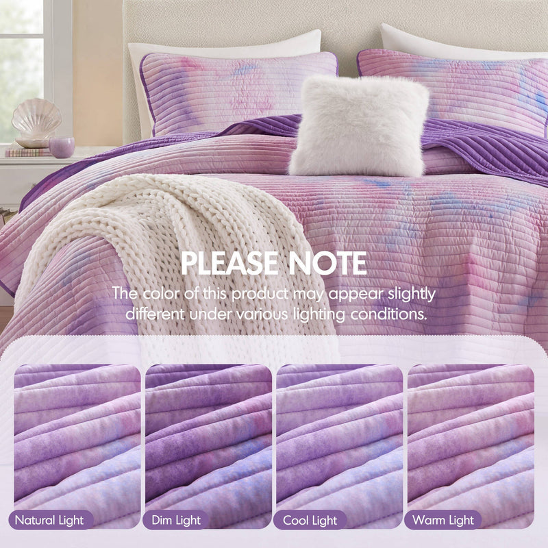 4 Pieces Full/Queen Watercolor Tie Dye Printed Quilt Set with Throw Pillow,Purple