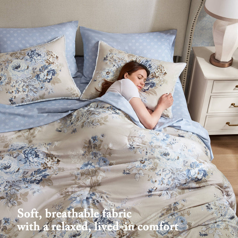 7-Piece Full 7 Piece Vin -inspired Collection floral print,Beige/Blue