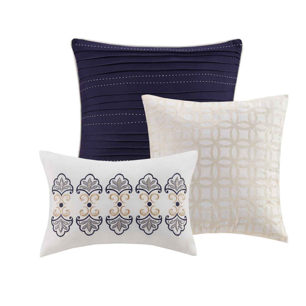 6 Piece Reversible Quilt Set with Throw Pillows Navy/Tan Full/Queen Media 12