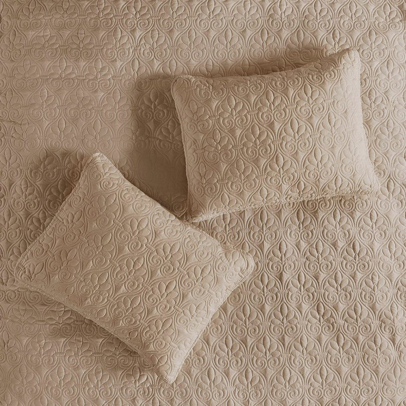 3 Piece Split Corner Pleated Quilted Bedspread Khaki Queen