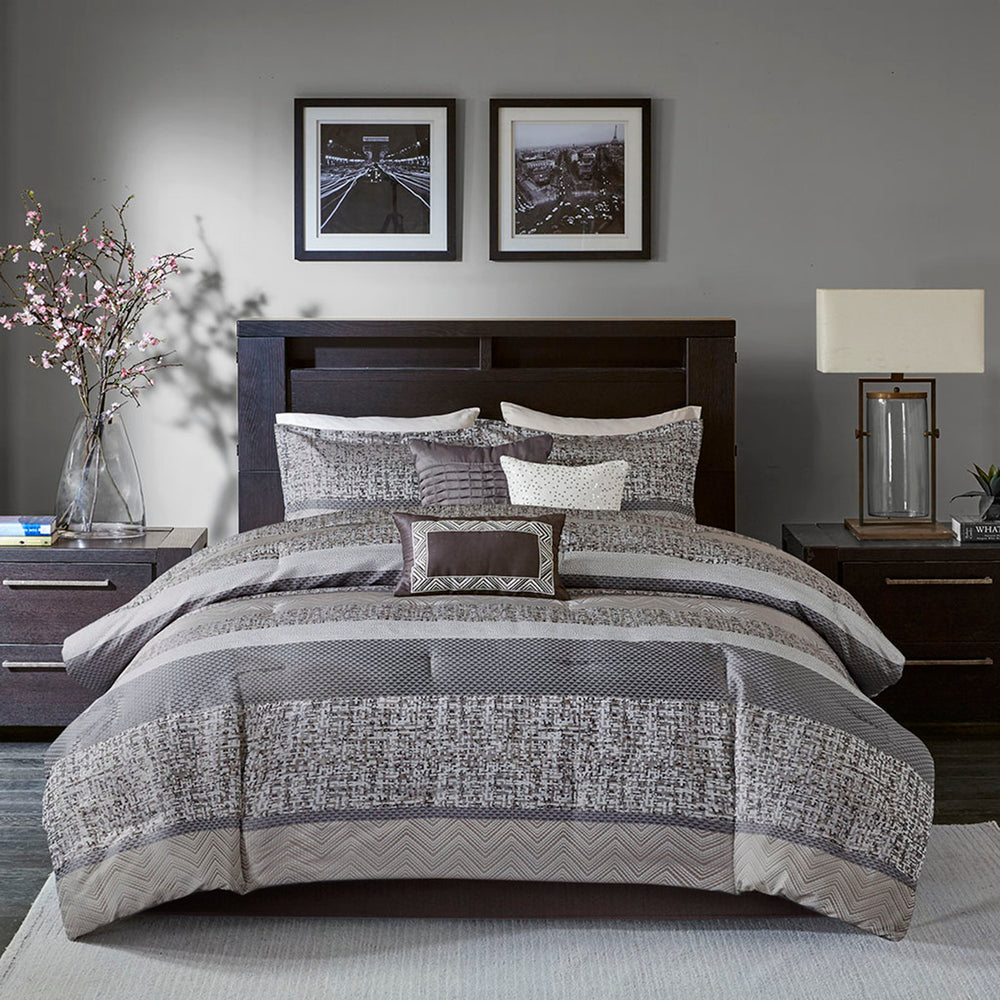 7 Piece Jacquard Comforter Set Grey/Taupe Cal King Media 2