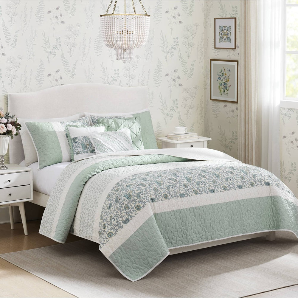 6 Piece Cotton Percale Quilt Set with Throw Pillows Aqua Full/Queen Media 1