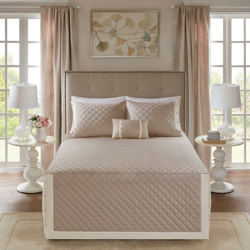 4 Piece Cotton Reversible Tailored Bedspread Set Khaki King Media 2