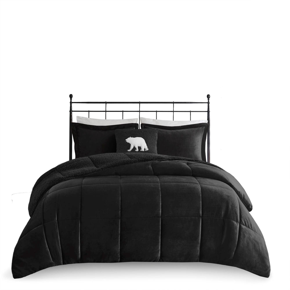 4-Piece King Plush to Sherpa Down Alternative Comforter Set,Black/Black Media 10