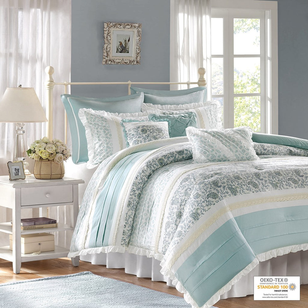 9 Piece Cotton Percale Comforter Set Aqua King Media 2