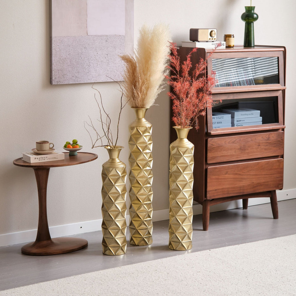 Metal Decorative Vase High Distress Metal Center Vase With 3D Triangle Pattern, Set Of 3 Vases for Home Decoration 33.5', 29.5', 25.2'High, Gold Media 11