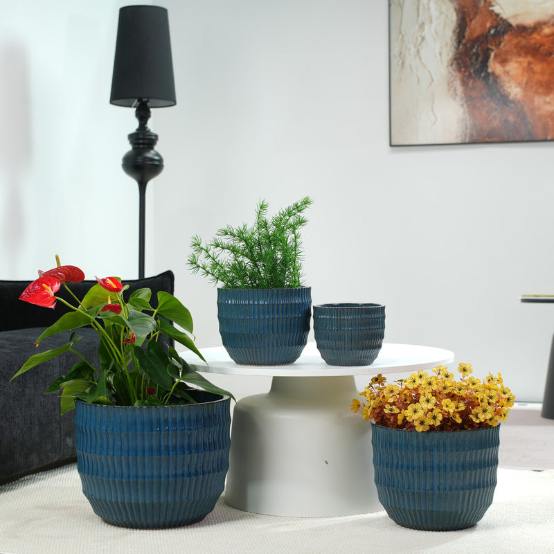 Handmade Denim Blue Glaze Ceramic Planter Set of 4, 7/9/12/14 Inch, Horizontal Grooves, Indoor & Outdoor Herb Succulent Pots, Breathable Clay with Drainage Holes