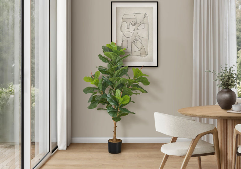 Artificial Plant, 47' Tall, Fiddle Tree, Indoor, Faux, Fake, Floor, Greenery, Potted, Real Touch, Decorative, Green Leaves, Black Pot