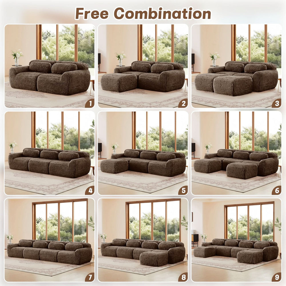 Plush Fabric Sectional Sofa Chocolate Modular With Ottoman & Pillows Media 12