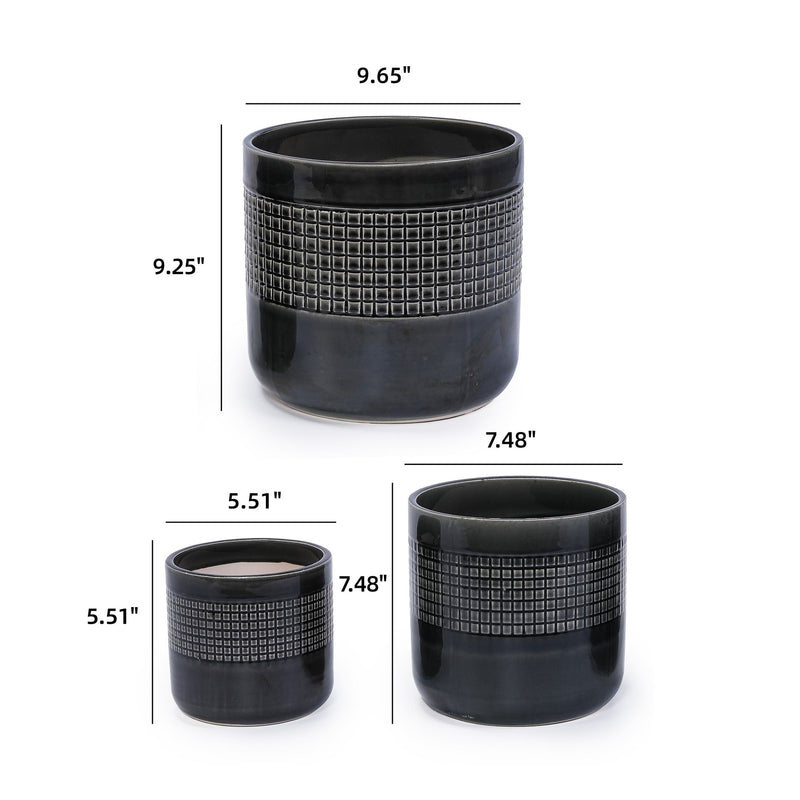 Handmade Black Glazed Ceramic Planter Set of 3, 9' 7' 6' Diameter, Grid Pattern, for Succulents & Cacti Indoor/Outdoor Shelf & Table Use, Porous Clay with Drainage Holes