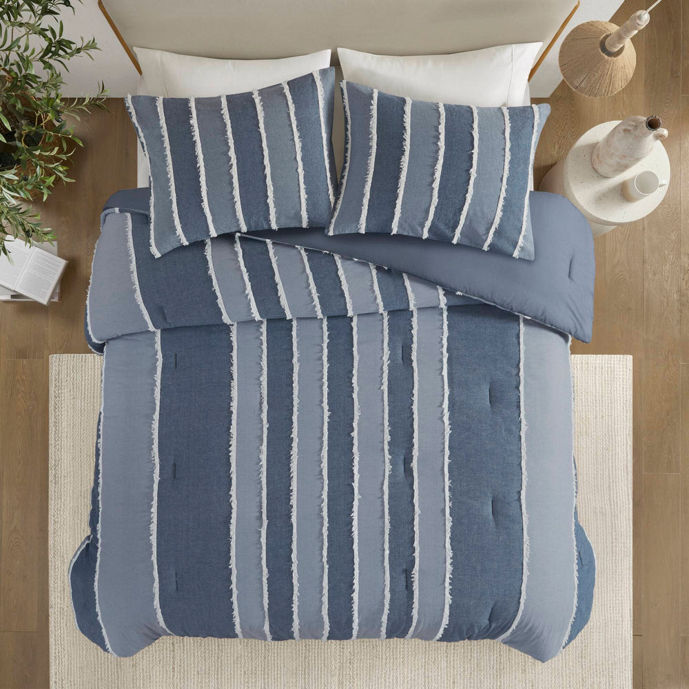 3 Pieces Full/Queen Striped Cotton Comforter Set,Blue Media 12