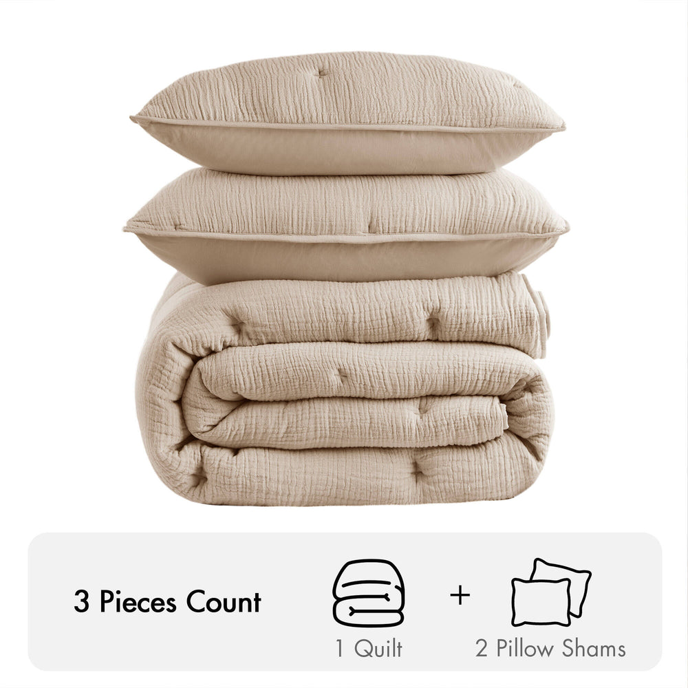 3-Piece King Cotton  Embroidered Quilt Set,Taupe Media 5