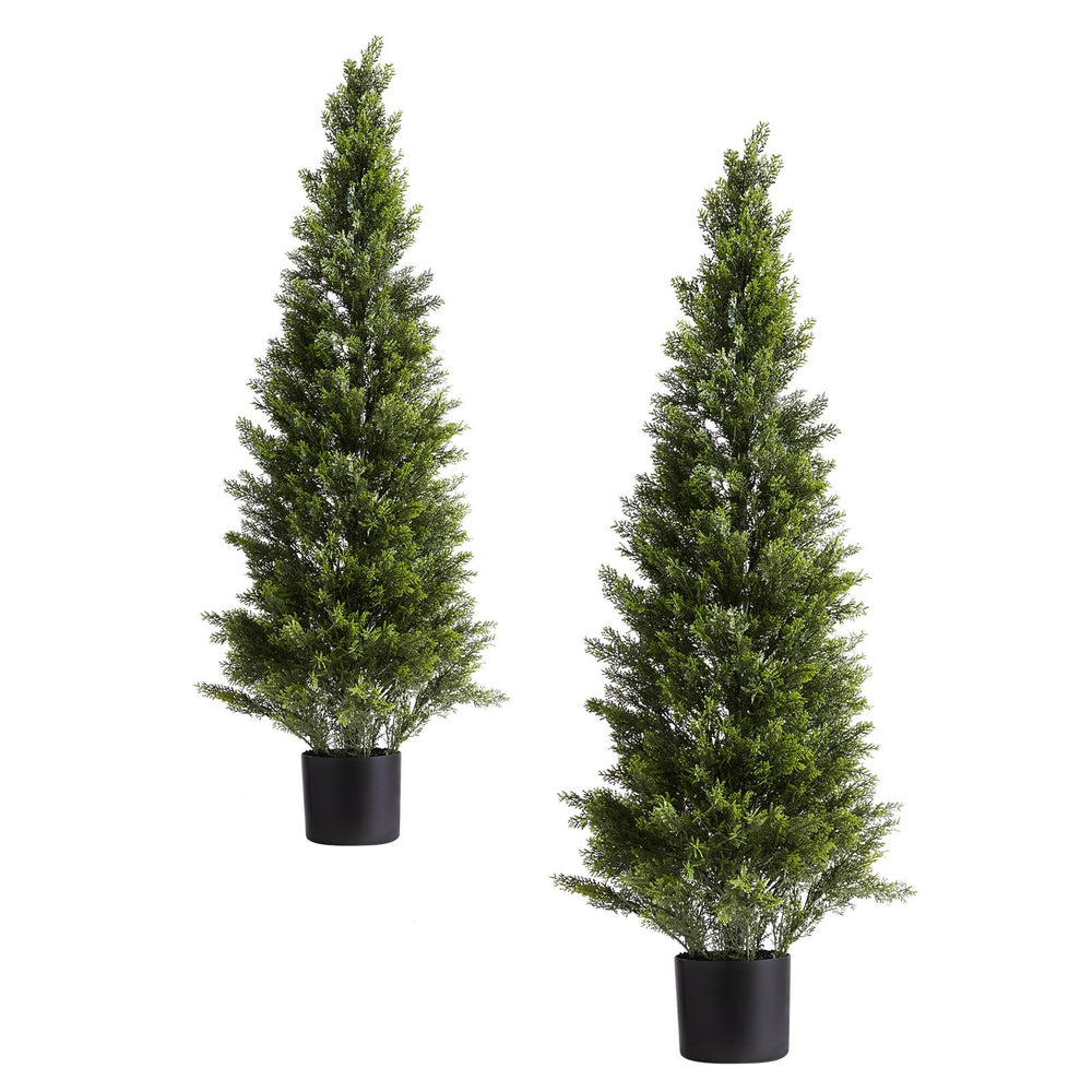 Artificial Topiary Cedar Trees, 48 inch 2 Set Faux Pine Shrubs Plants, Fake Silk Tree Look Real, Easy Assembly for Decor Front Porch Outdoor Patio Garden Balcony Backyard Indoor Office Media 1