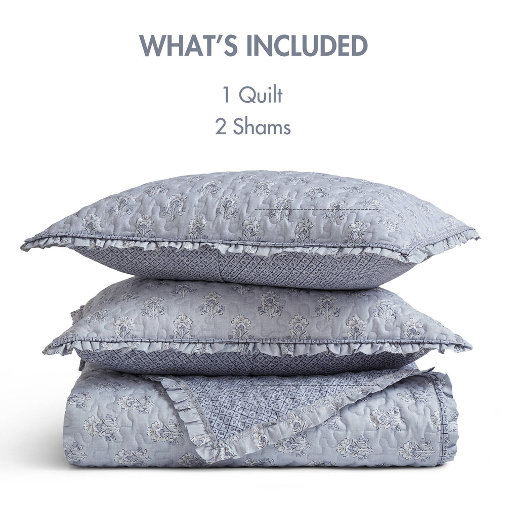 3-Piece Queen 3 Piece Ruffle Printed Quilt Set,Blue Media 10