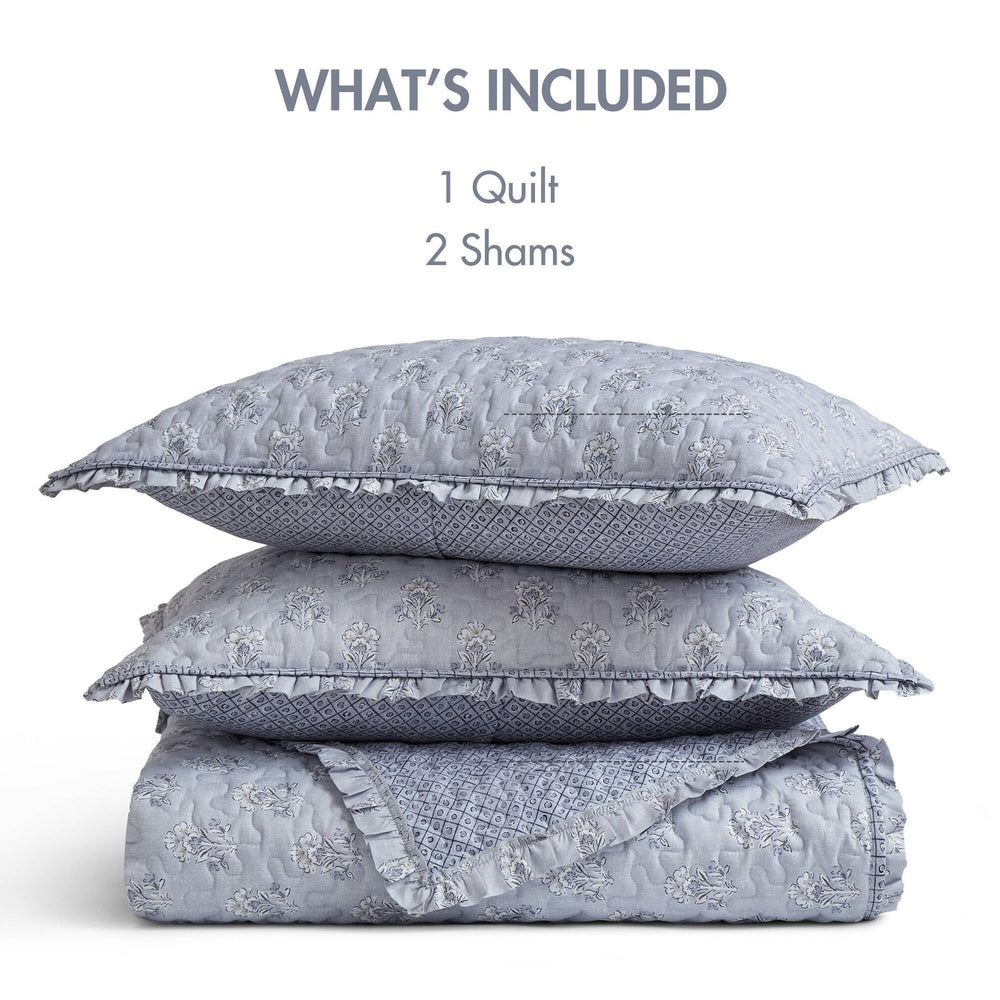 3-Piece Queen 3 Piece Ruffle Printed Quilt Set,Blue Media 10