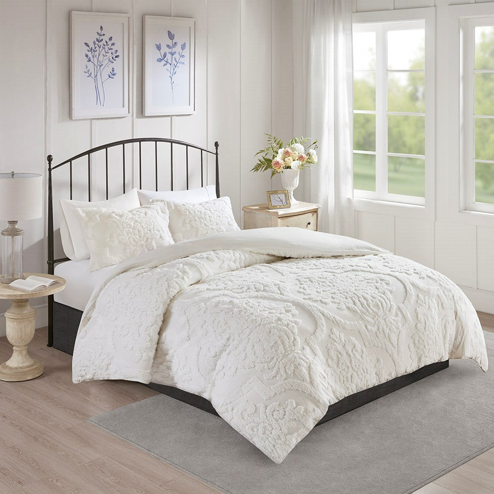 King/Cal King 3 Piece Tufted Cotton Chenille Damask Duvet Cover Set Media 1